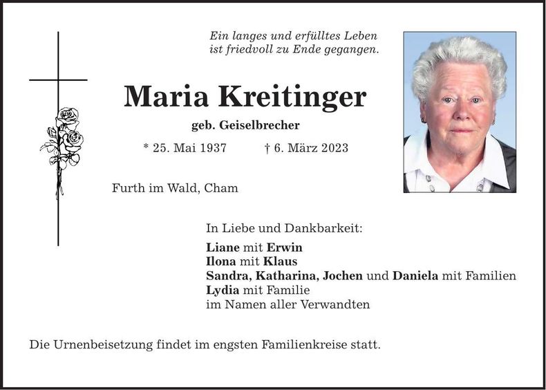 Traueranzeige Maria Kreitinger