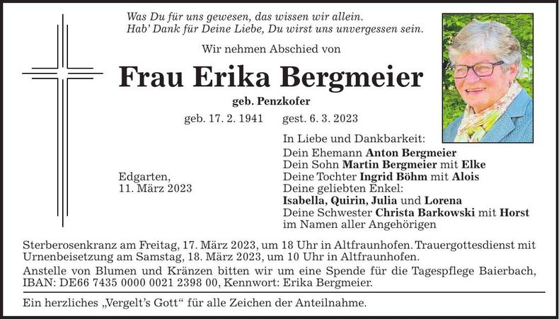 Traueranzeige Erika Bergmeier