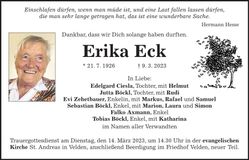 Traueranzeige Erika Eck