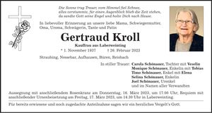 Traueranzeige Gertraud Kroll