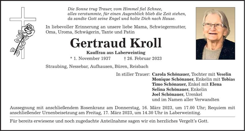 Traueranzeige Gertraud Kroll