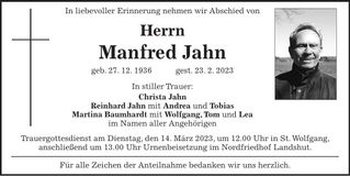 Traueranzeige Manfred Jahn