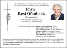 Traueranzeige Theresia Ofenbeck