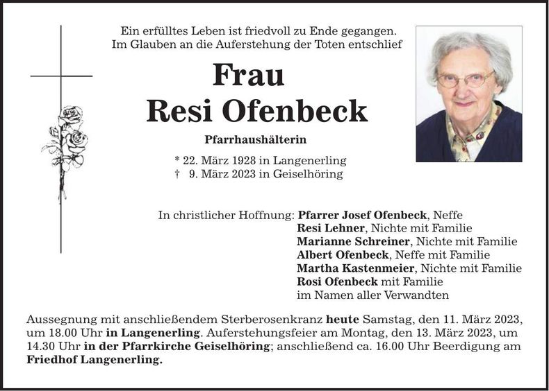 Traueranzeige Theresia Ofenbeck