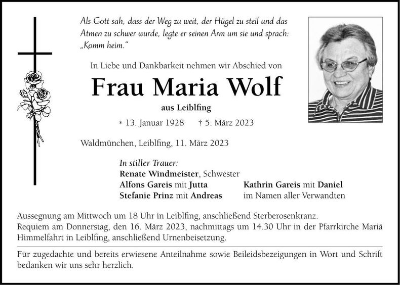 Traueranzeige Maria Wolf