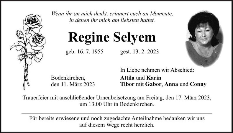 Traueranzeige Regine Selyem