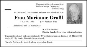 Traueranzeige Marianne Graßl