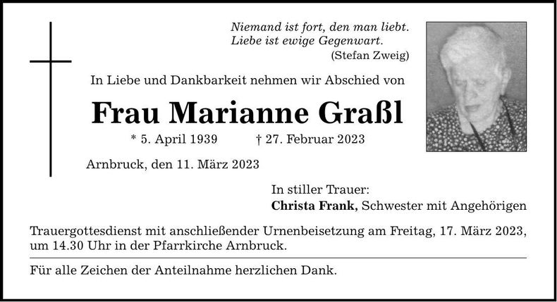 Traueranzeige Marianne Graßl