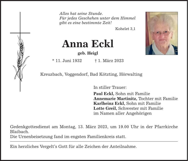 Traueranzeige Anna Eckl