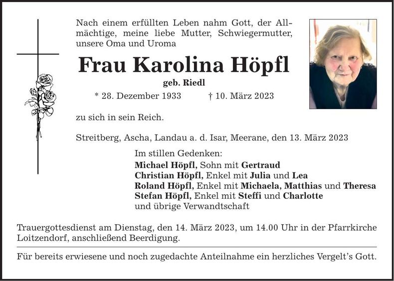 Traueranzeige Karolina Höpfl