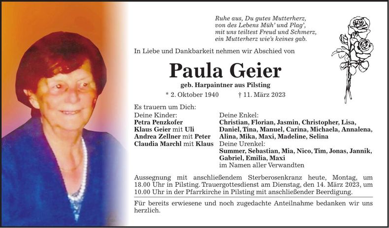 Traueranzeige Paula Geier