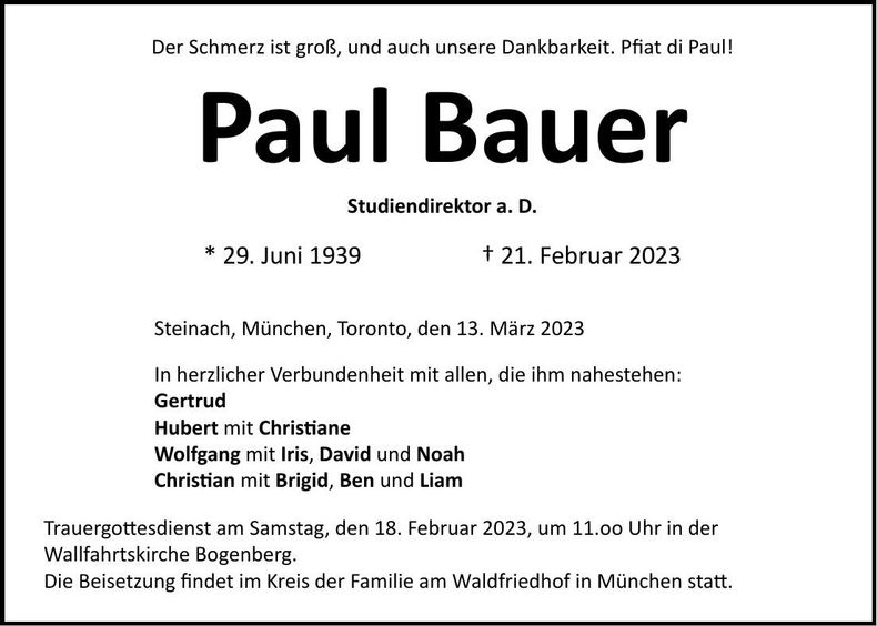 Traueranzeige Paul Bauer