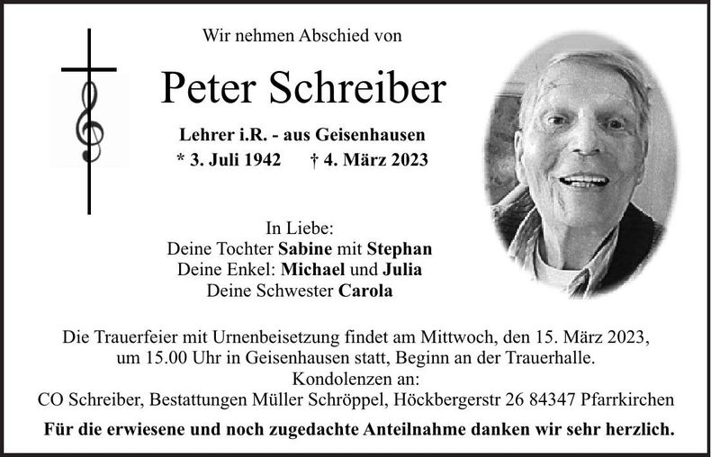 Traueranzeige Peter Schreiber