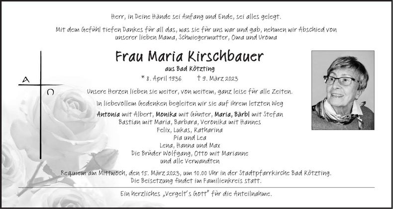 Traueranzeige Maria Kirschbauer