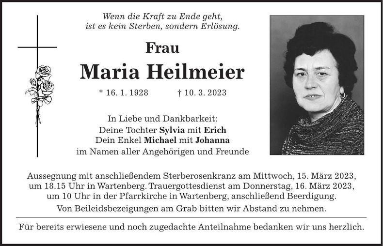 Traueranzeige Heilmeier Maria