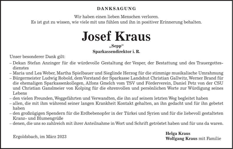 Traueranzeige Josef Kraus
