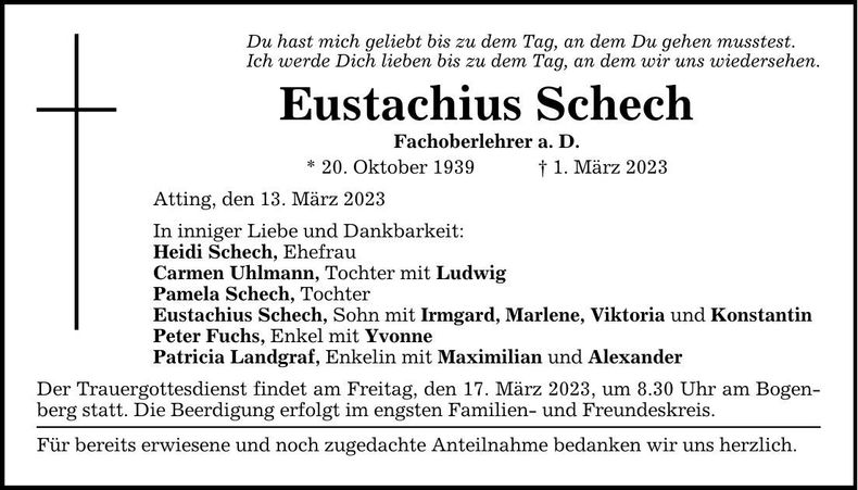 Traueranzeige Eustachius Schech