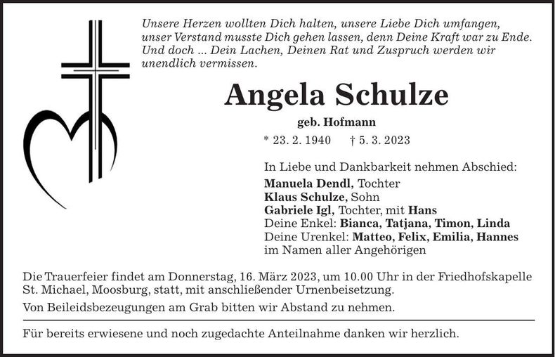 Traueranzeige Angela Schulze