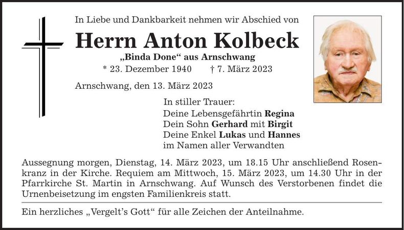 Traueranzeige Anton Kolbeck