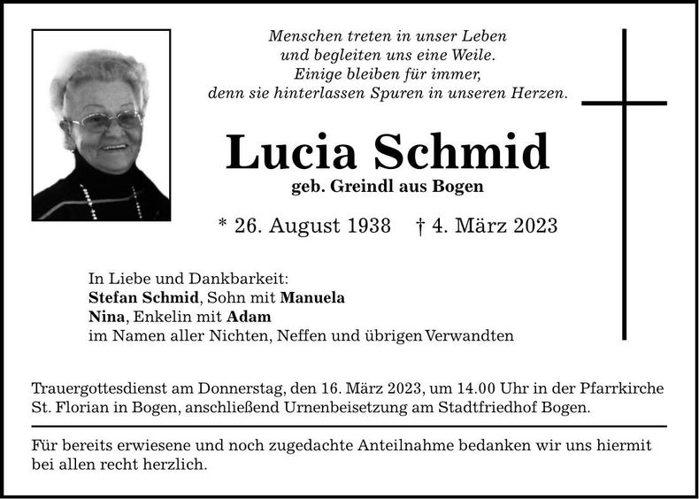 Traueranzeige Lucia Schmid