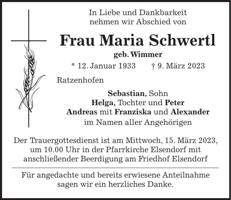 Traueranzeige Maria Schwertl