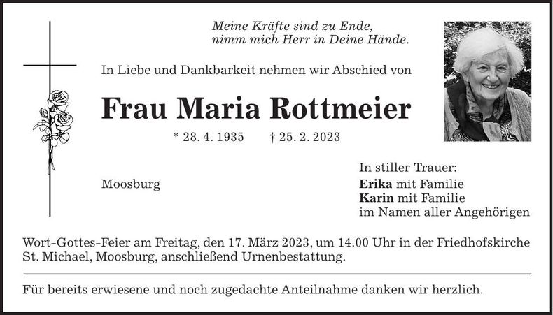 Traueranzeige Maria Rottmeier