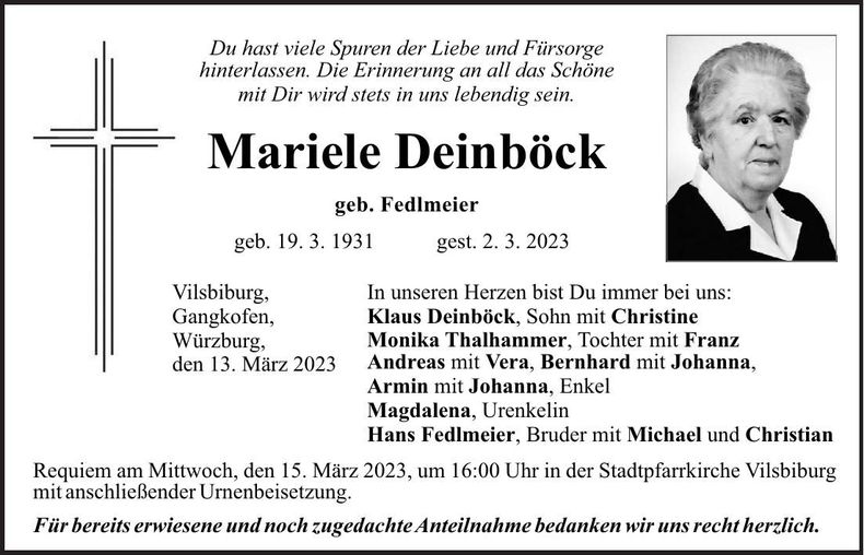 Traueranzeige Mariele Deinböck