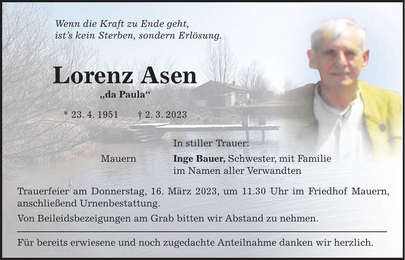Traueranzeige Lorenz Asen
