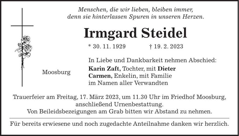 Traueranzeige Irmgard Steidel