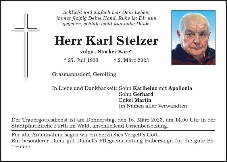 Traueranzeige Karl Stelzer