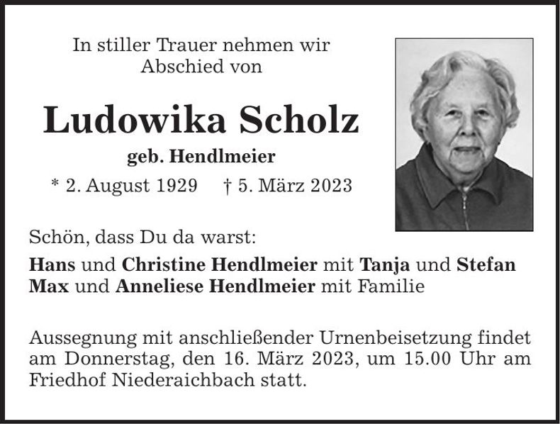 Traueranzeige Ludowika Scholz