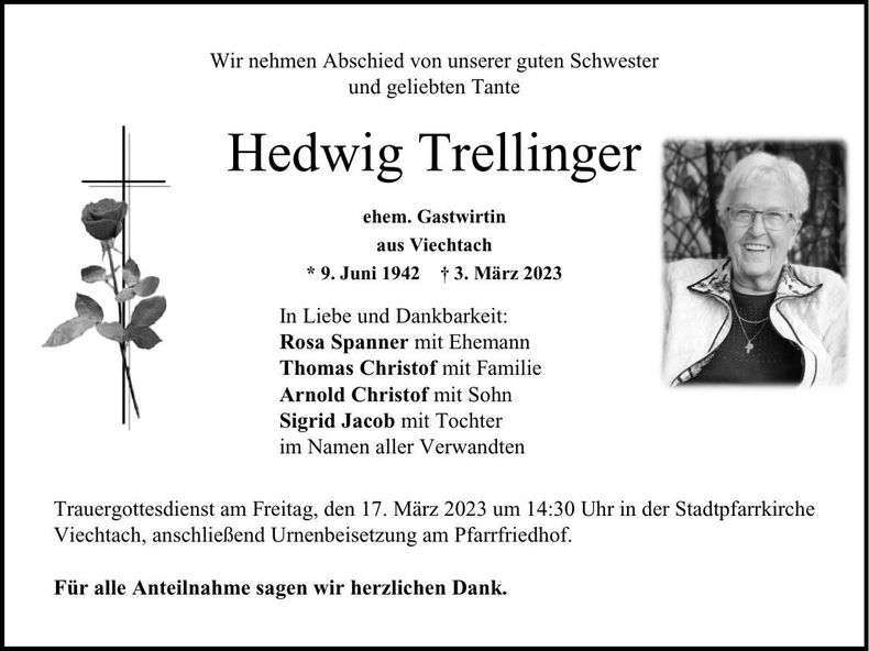 Traueranzeige Hedwig Trellinger