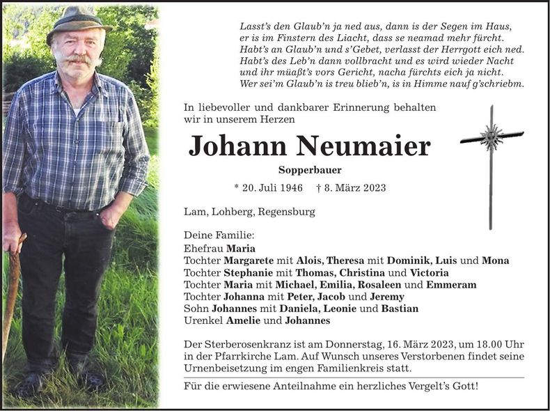 Traueranzeige Johann Neumaier
