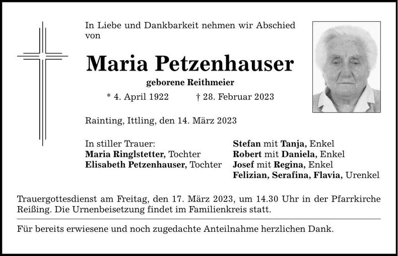 Traueranzeige Maria Petzenhauser