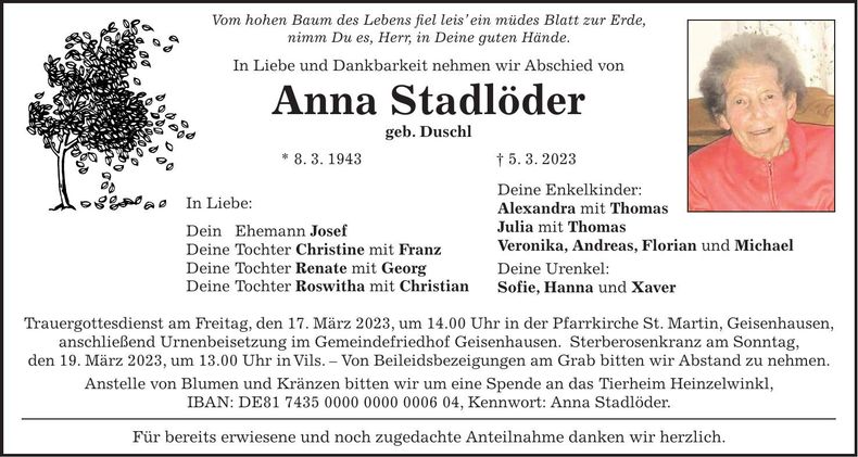 Traueranzeige Anna Stadlöder