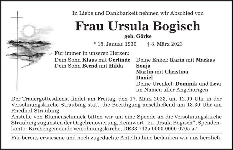 Traueranzeige Ursula Bogisch