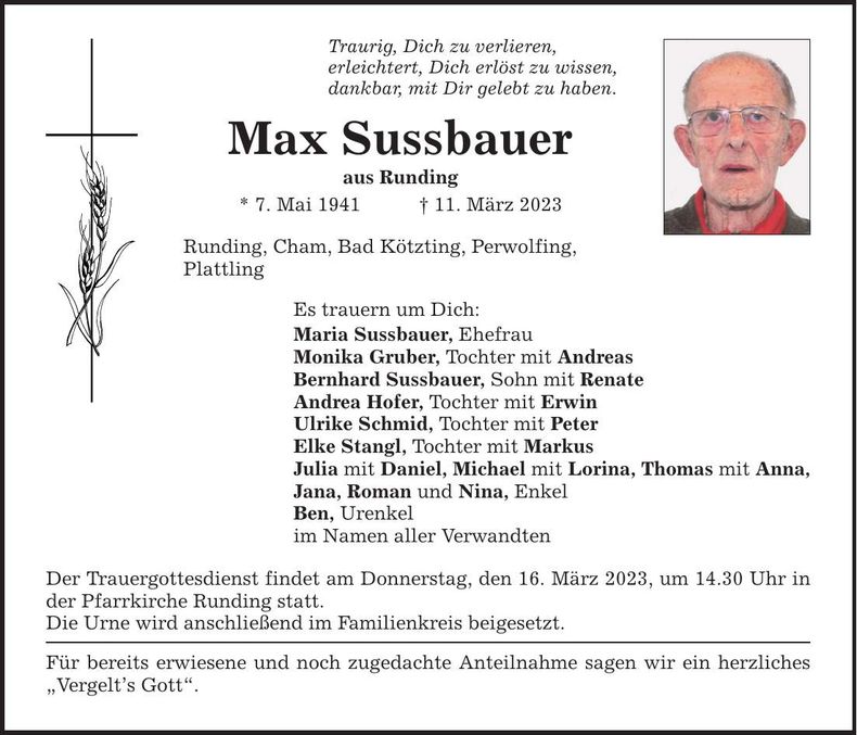 Traueranzeige Max Sussbauer