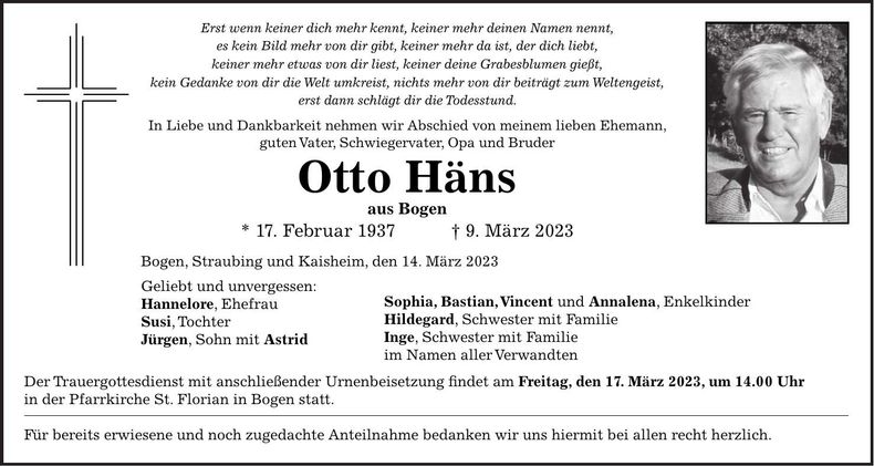 Traueranzeige Otto Häns