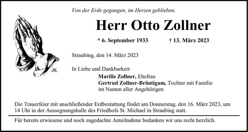 Traueranzeige Otto Zollner