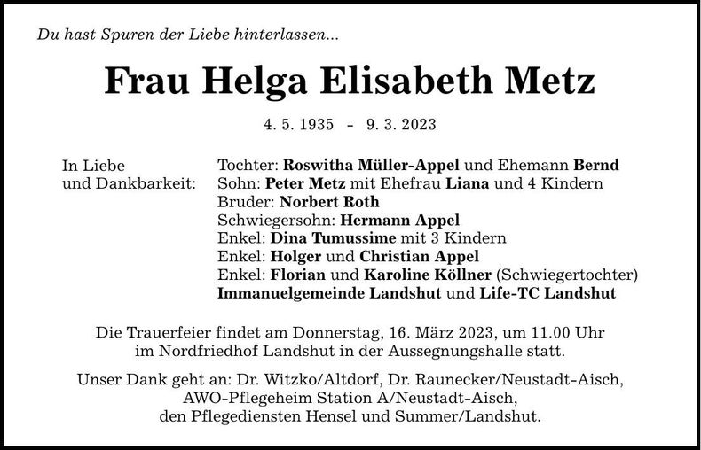 Traueranzeige Helga Elisabeth Metz