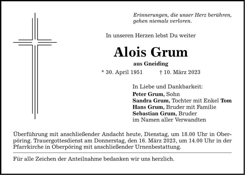 Traueranzeige Alois Grum