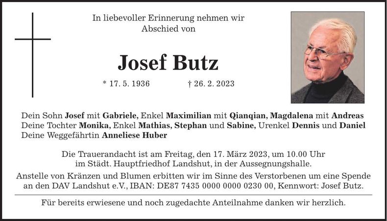 Traueranzeige Josef Butz