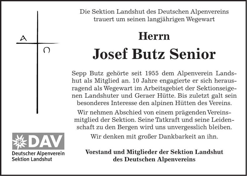 Traueranzeige Josef Butz