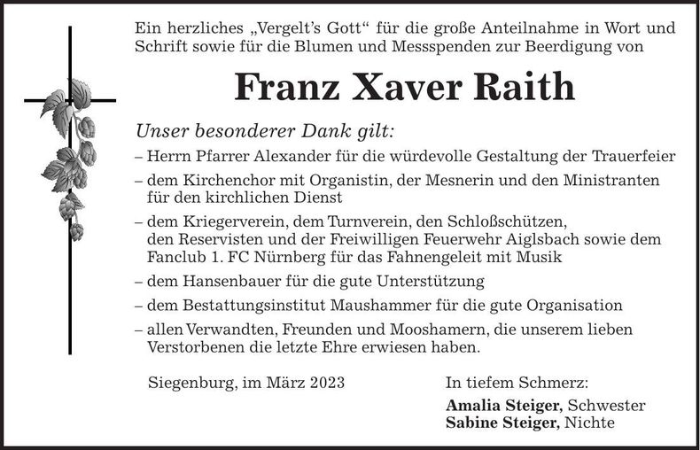 Traueranzeige Franz Xaver Raith
