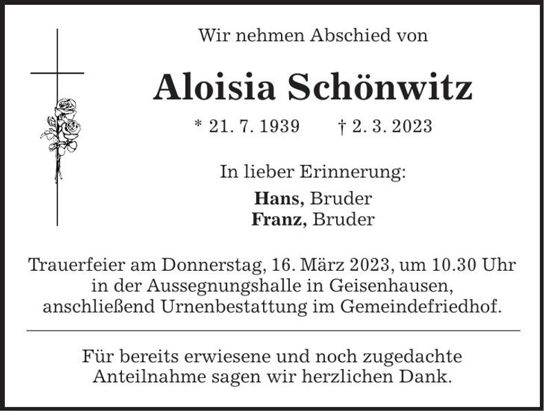 Traueranzeige Aloisia Schönwitz