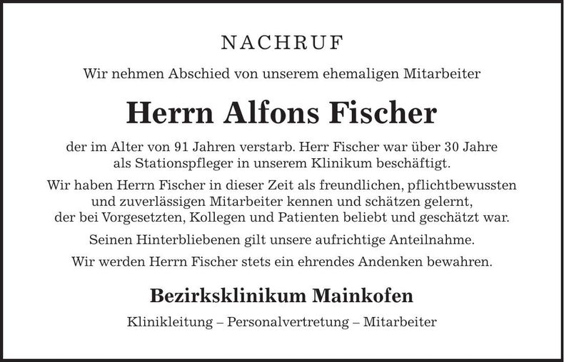 Traueranzeige Alfons Fischer