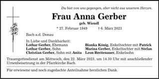 Traueranzeige Anna Gerber