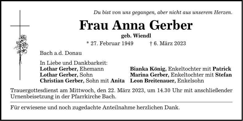 Traueranzeige Anna Gerber