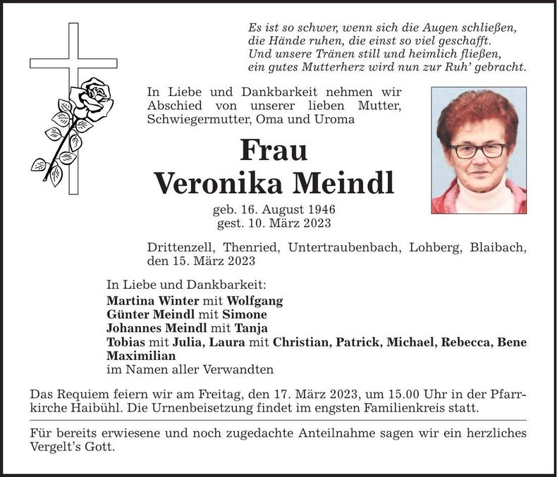 Traueranzeige Veronika Meindl