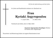 Traueranzeige Kyriaki Argyropoulou